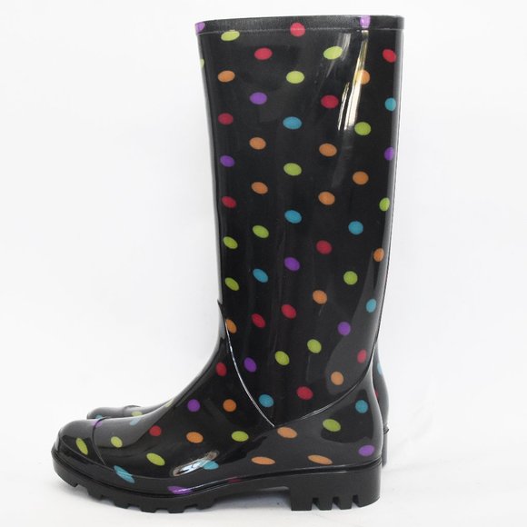 Arizona Jean Mulitcolor Black & Rainbow Polka-Dot Rain Boots Size 7 -AZ Winston- - Picture 4 of 10